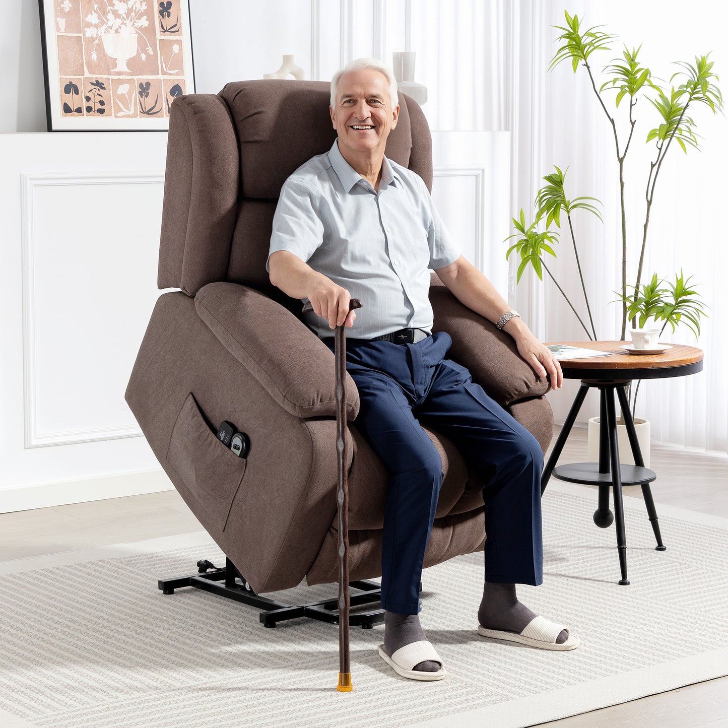 Photo of HOMCOM Power Lift Recliner Chair with Vibration Massage, Lift Chair for Elderly with Footrest, Remote, Side Pocket, Dark Brown in Brown colour on a white background