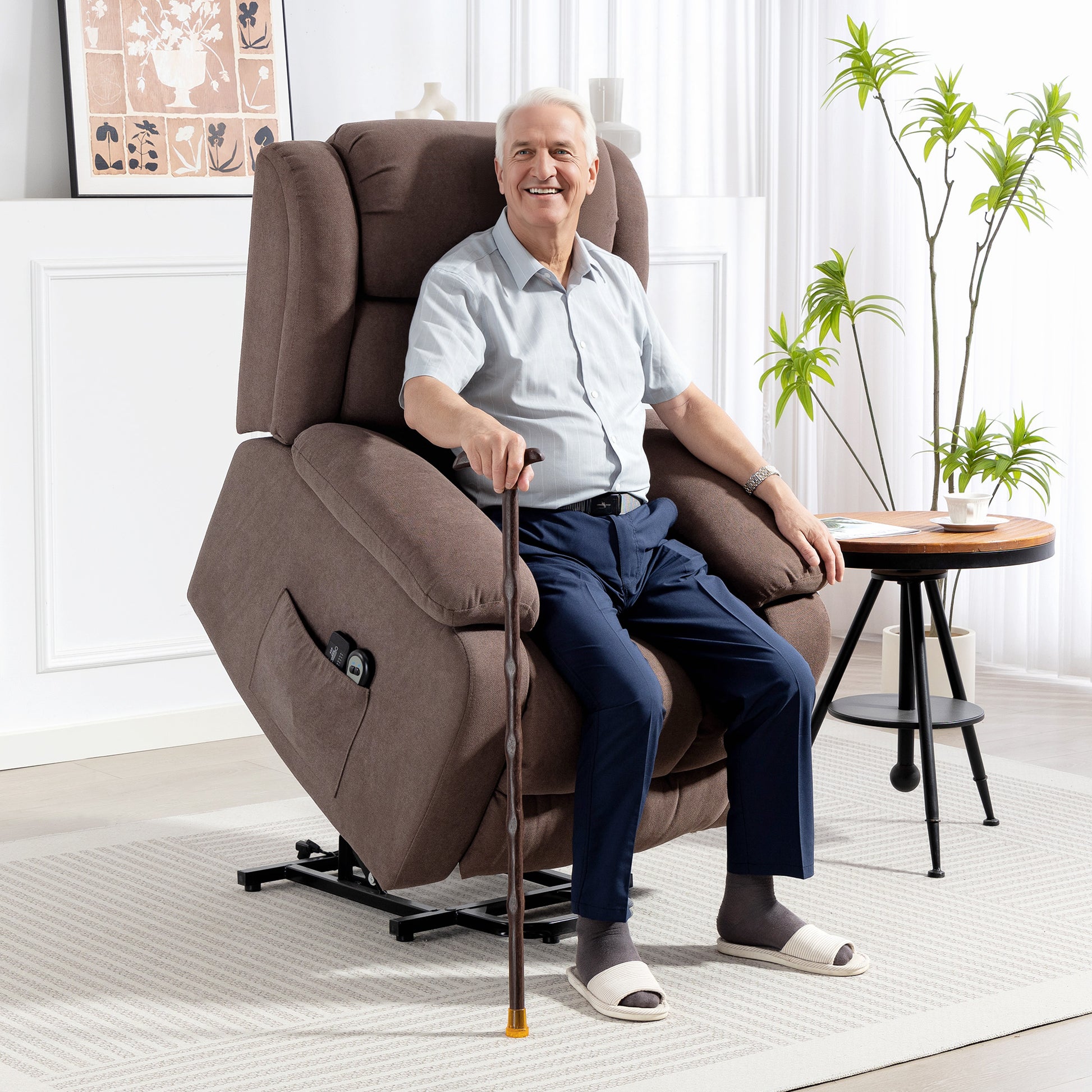 Photo of HOMCOM Power Lift Recliner Chair with Vibration Massage, Lift Chair for Elderly with Footrest, Remote, Side Pocket, Dark Brown in Brown colour on a white background