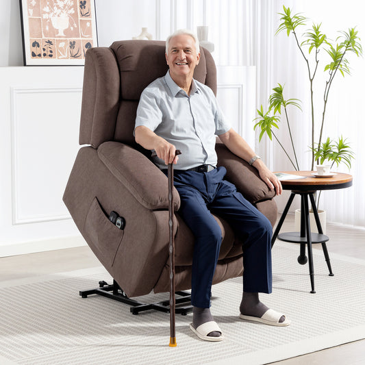 Photo of HOMCOM Power Lift Recliner Chair with Vibration Massage, Lift Chair for Elderly with Footrest, Remote, Side Pocket, Dark Brown in Brown colour on a white background