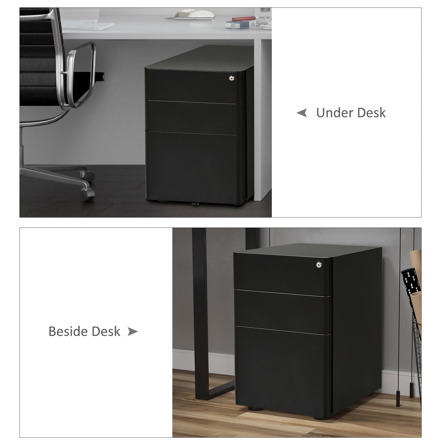 Vinsetto Lockable Cabinet, Rolling Filing Cabinet with 3 Drawers, Steel Office Drawer Unit for A4, Letter, Legal Sized Files