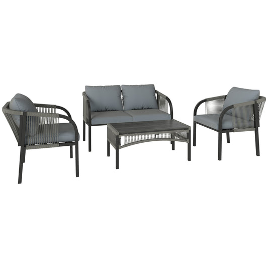 Photo of Outsunny 4 Piece Rattan Garden Furniture Set with Loveseat, Armchairs, Table, Steel Frame Wicker Patio Conversation Set, Grey in Grey colour on a white background