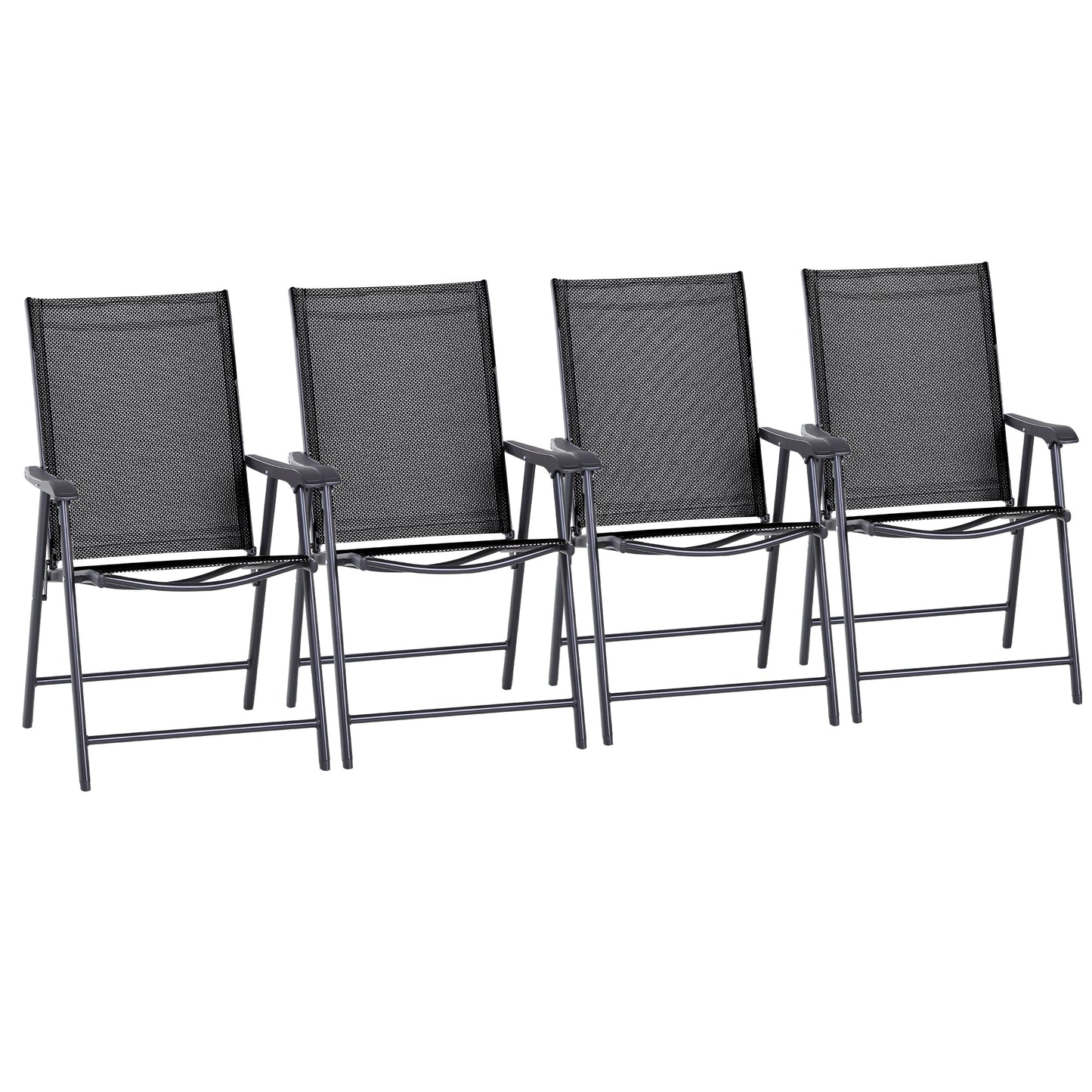 Photo of Outsunny Set of 4 Folding Garden Chairs, Metal Frame Garden Chairs Outdoor Patio Park Dining Seat with Breathable Mesh Seat, Black in Black colour on a white background