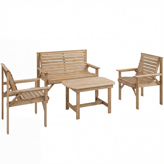 Photo of Outsunny 4 Piece Wooden Garden Furniture Set, Outdoor Garden Sofa Set with 2 Armchairs, Loveseat and Coffee Table, Natural Wood in Wood colour on a white background