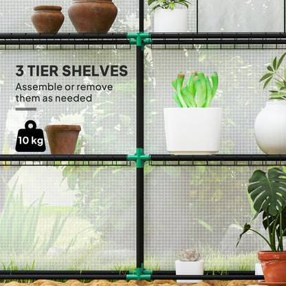 Greenhouse wire shelves with green connectors, shown holding pots and plants