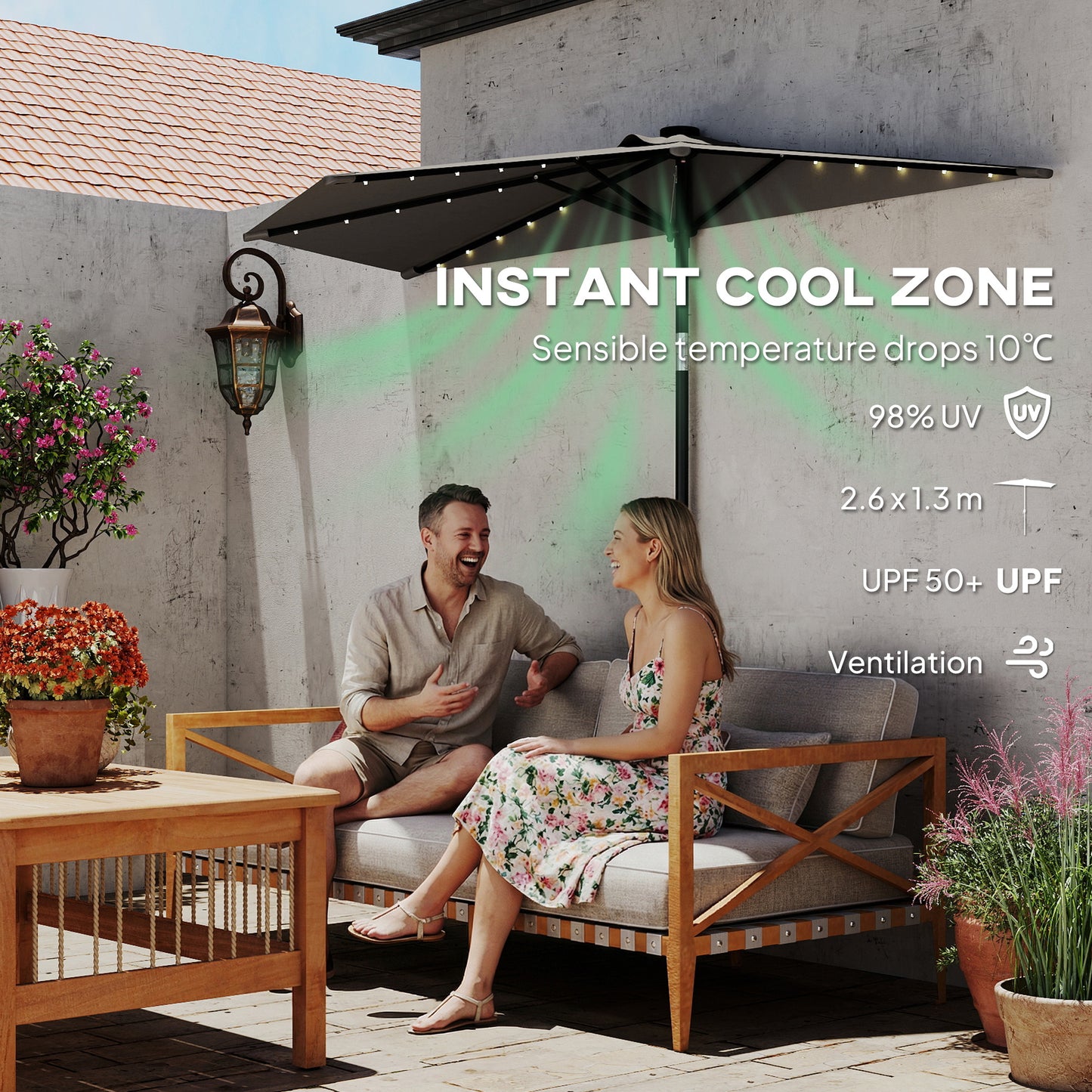 Outsunny 2.6 m Half Garden Parasol with Solar LED Lights, UPF50+ Semi Round Umbrella with 30° Tilt, Crank Handle, Dark Grey