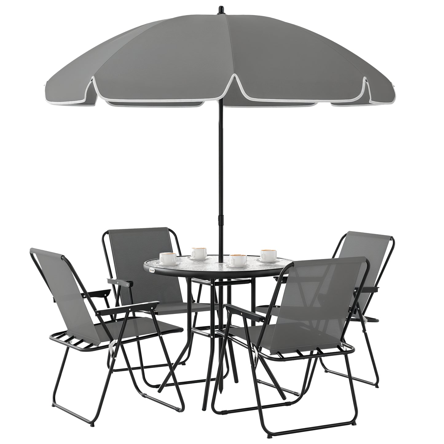 Photo of Outsunny 4 Seater Garden Furniture Set, 6 Pieces Garden Table and Chairs with Parasol, Outdoor Garden Dining Set with Folding Chairs and Round Glass Top Table for Patio, Grey in Grey colour on a white background