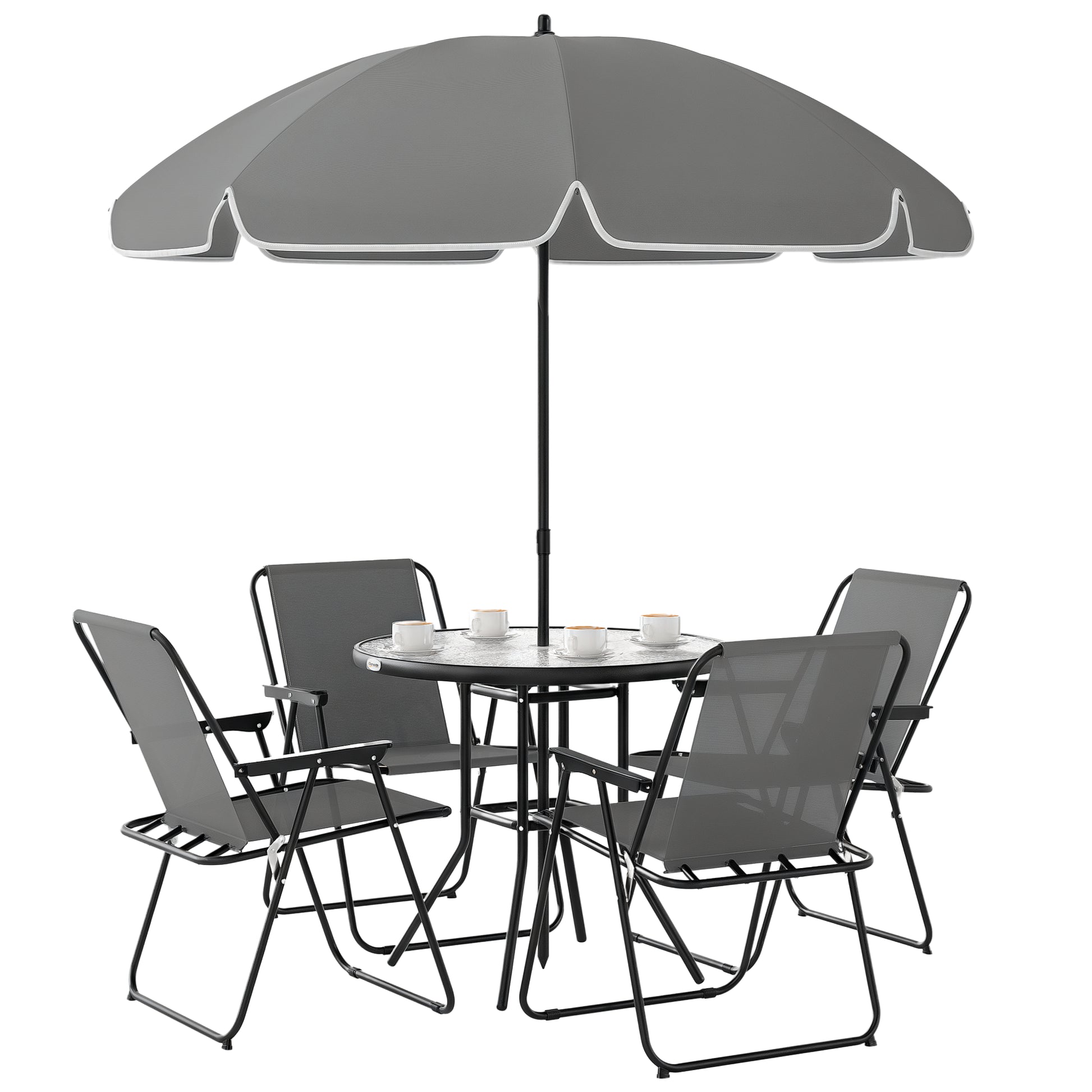 Photo of Outsunny 4 Seater Garden Furniture Set, 6 Pieces Garden Table and Chairs with Parasol, Outdoor Garden Dining Set with Folding Chairs and Round Glass Top Table for Patio, Grey in Grey colour on a white background