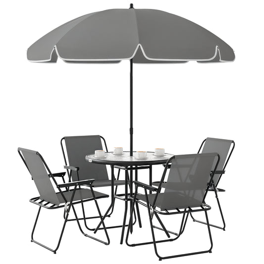 Photo of Outsunny 4 Seater Garden Furniture Set, 6 Pieces Garden Table and Chairs with Parasol, Outdoor Garden Dining Set with Folding Chairs and Round Glass Top Table for Patio, Grey in Grey colour on a white background