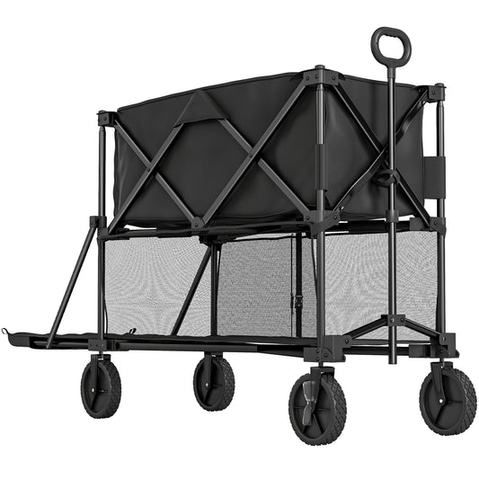 Photo of Outsunny Double Decker Folding Festival Trolley on Wheels, 200KG & 350L Capacity Collapsible Wagon Festival Trolley Cart with 134cm Extended for Camping Sports Shopping Garden and Beach, Black in Black colour on a white background
