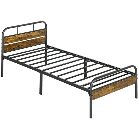 Photo of HOMCOM Industrial-Style Single Bed Frame - Black/Brown in Black/Brown colour on a white background