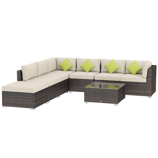 Photo of Outsunny 8 Piece Rattan Corner Sofa Set with Wide & Deep Seat, Assembled Aluminium PE Rattan Garden Furniture Set with Thick Cushions and Glass Top Table for Outdoor, Conservatory, Mixed Brown in Brown colour on a white background