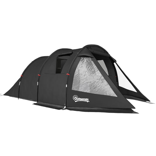 Photo of Outsunny 3-4 Man Tunnel Tent, Two Room Camping Tent with Windows, Portable Carry Bag, for Fishing, Hiking, Sports, Festival - Black in Black colour on a white background