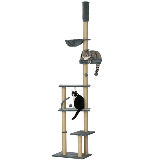 Photo of PawHut 230-250cm Floor-to-Ceiling Climbing Cat Tree Tower - Grey in Grey colour on a white background