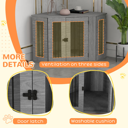 Grey corner dog crate with ventilation on three sides, door latch, and washable cushion