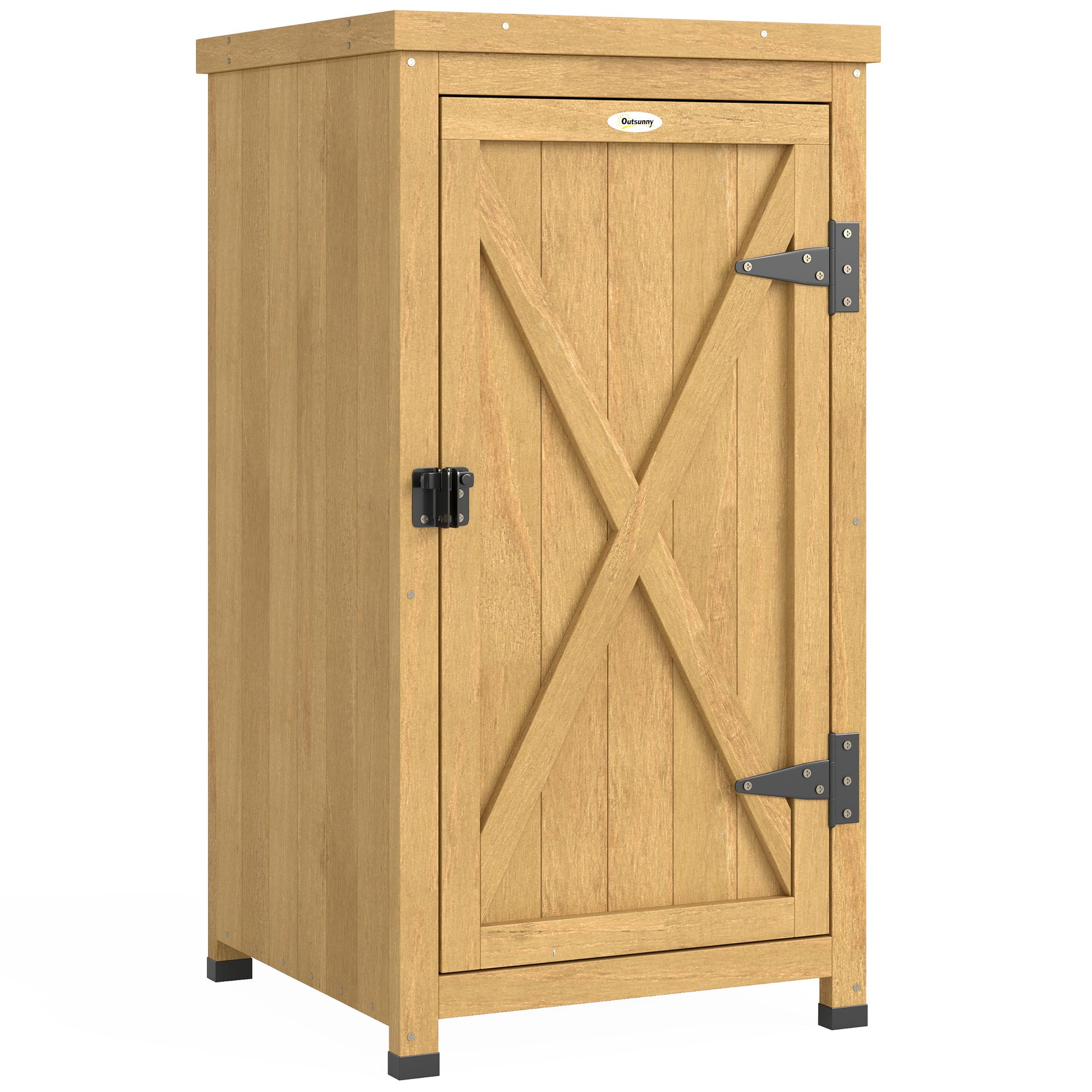 Photo of Outsunny Wooden Garden Shed, Garden Tool Storage Shed with Metal Top and Shelf, Light Brown in Brown colour on a white background