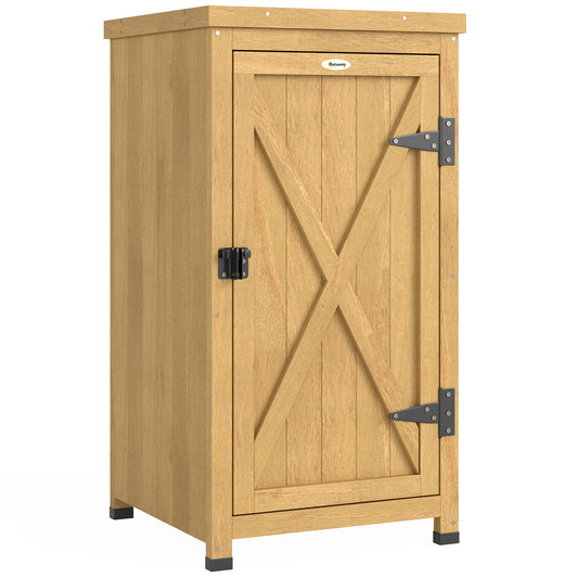 Photo of Outsunny Wooden Garden Shed, Garden Tool Storage Shed with Metal Top and Shelf, Light Brown in Brown colour on a white background