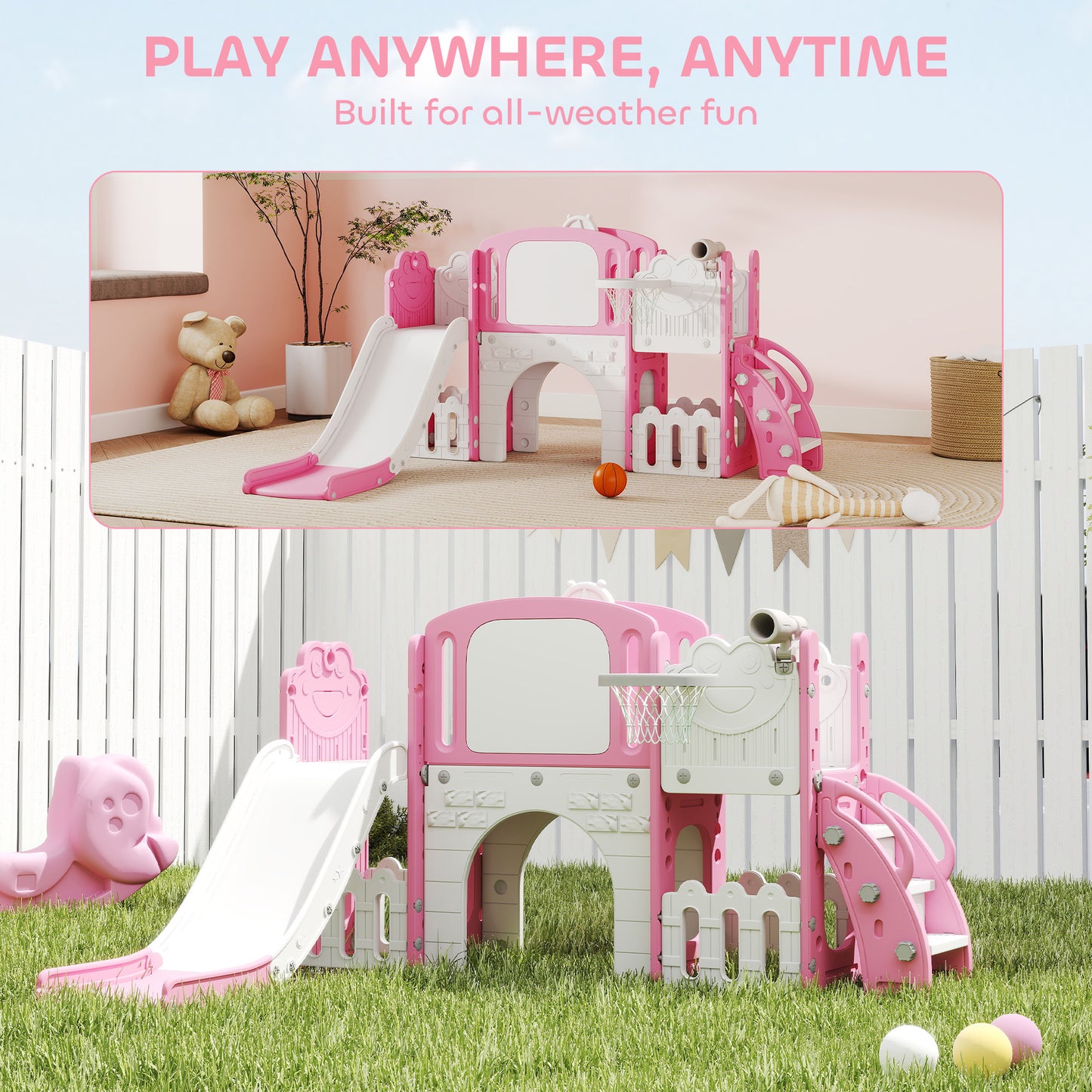 AIYAPLAY 7 in 1 Toddler Slide Set with Basketball Hoop, Climbing Frame, Telescope, Drawing Board, Storage Box, Pink