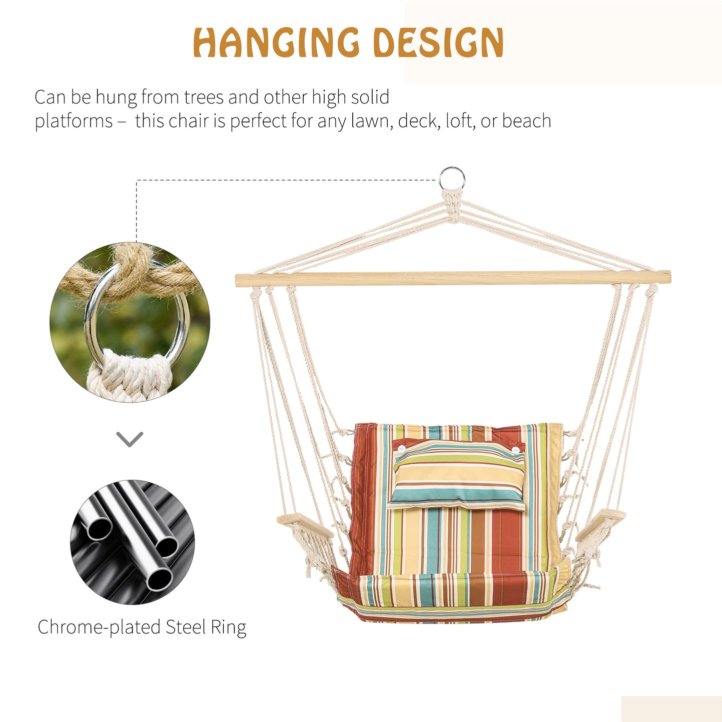 Outsunny Garden Outdoor Hanging Hammock Chair Thick Rope Frame Wooden Arms Safe Wide Seat Garden Outdoor Spot Stylish Multi-Color Stripe