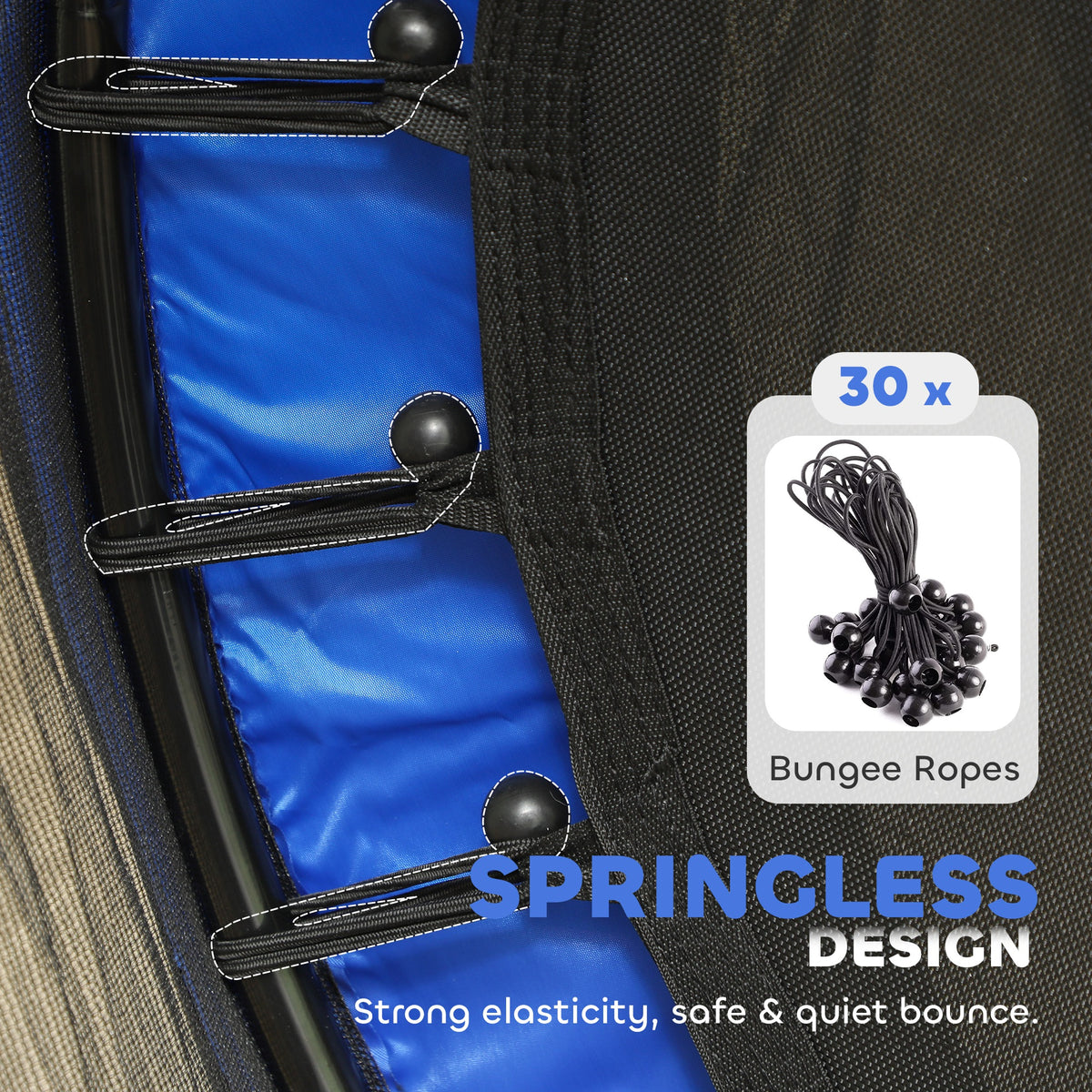 Close-up of trampoline's blue padded frame and springless bungee rope attachments