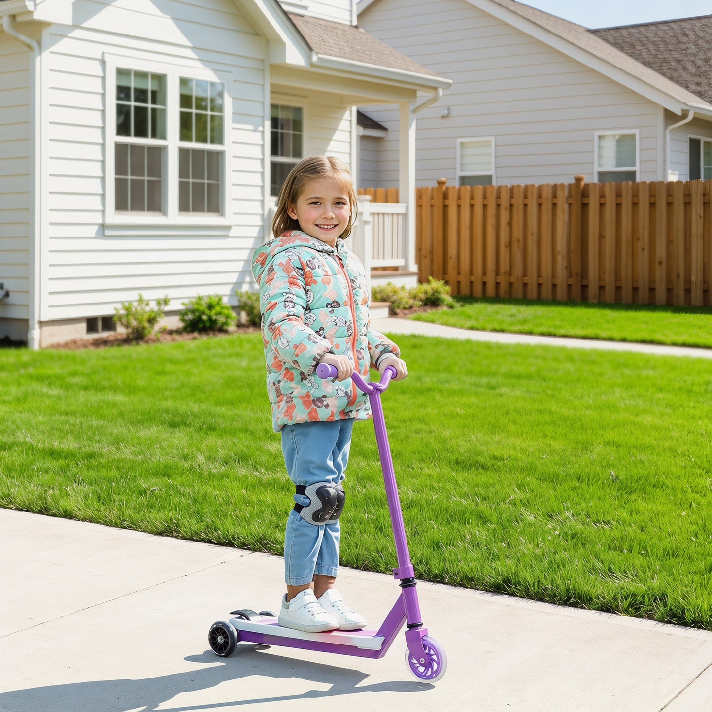AIYAPLAY Electric Scooter for Kids Aged 4-7 Years, with Flashing LED Lights, Rear Auxiliary Wheels, Purple