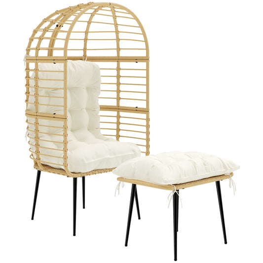Photo of Outsunny Garden Egg Chair with Footstool, Rattan Indoor Outdoor Lounge Chair and Ottoman Set with Thick Cushions, Beige in Beige colour on a white background