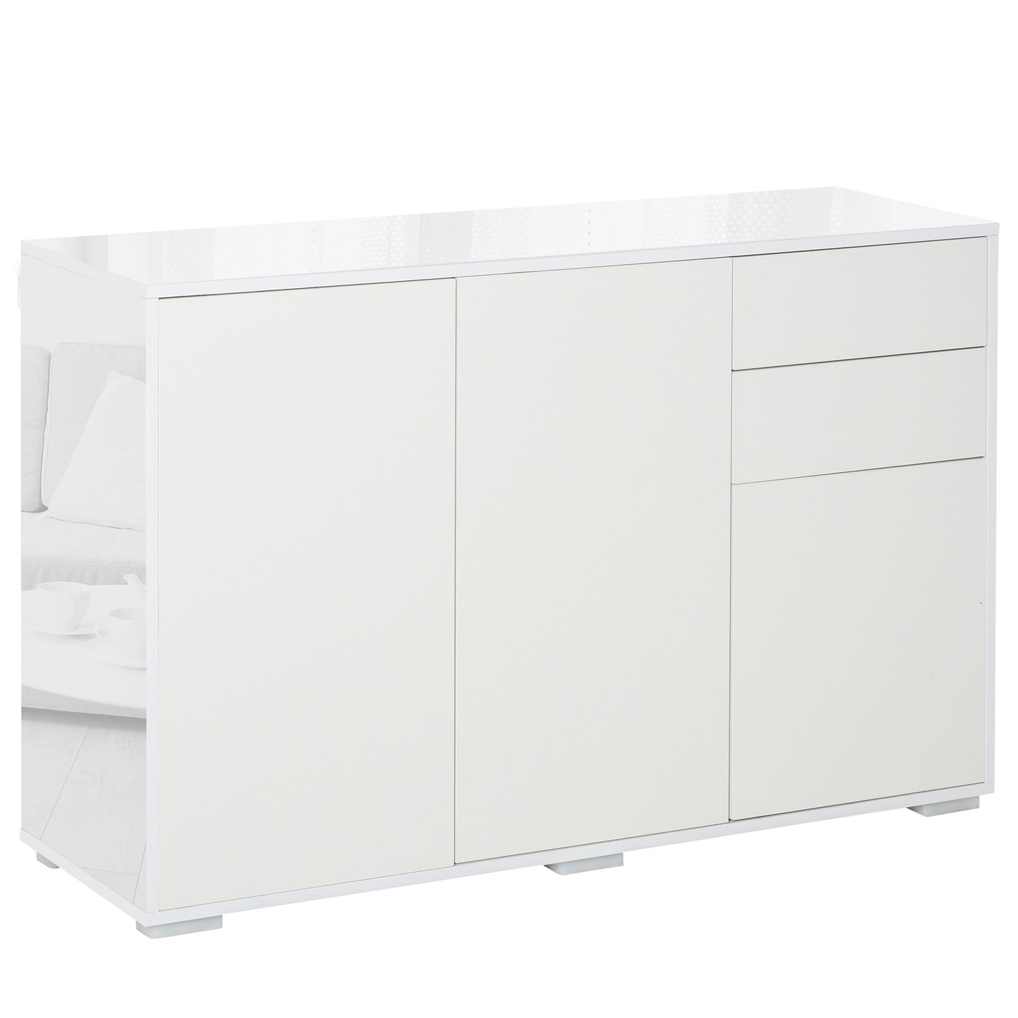 Photo of HOMCOM High Gloss Side Cabinet, Push-Open Design with 2 Drawers and 2 Cabinets for Living Room, 74H x 117W x 36Dcm, White in White colour on a white background