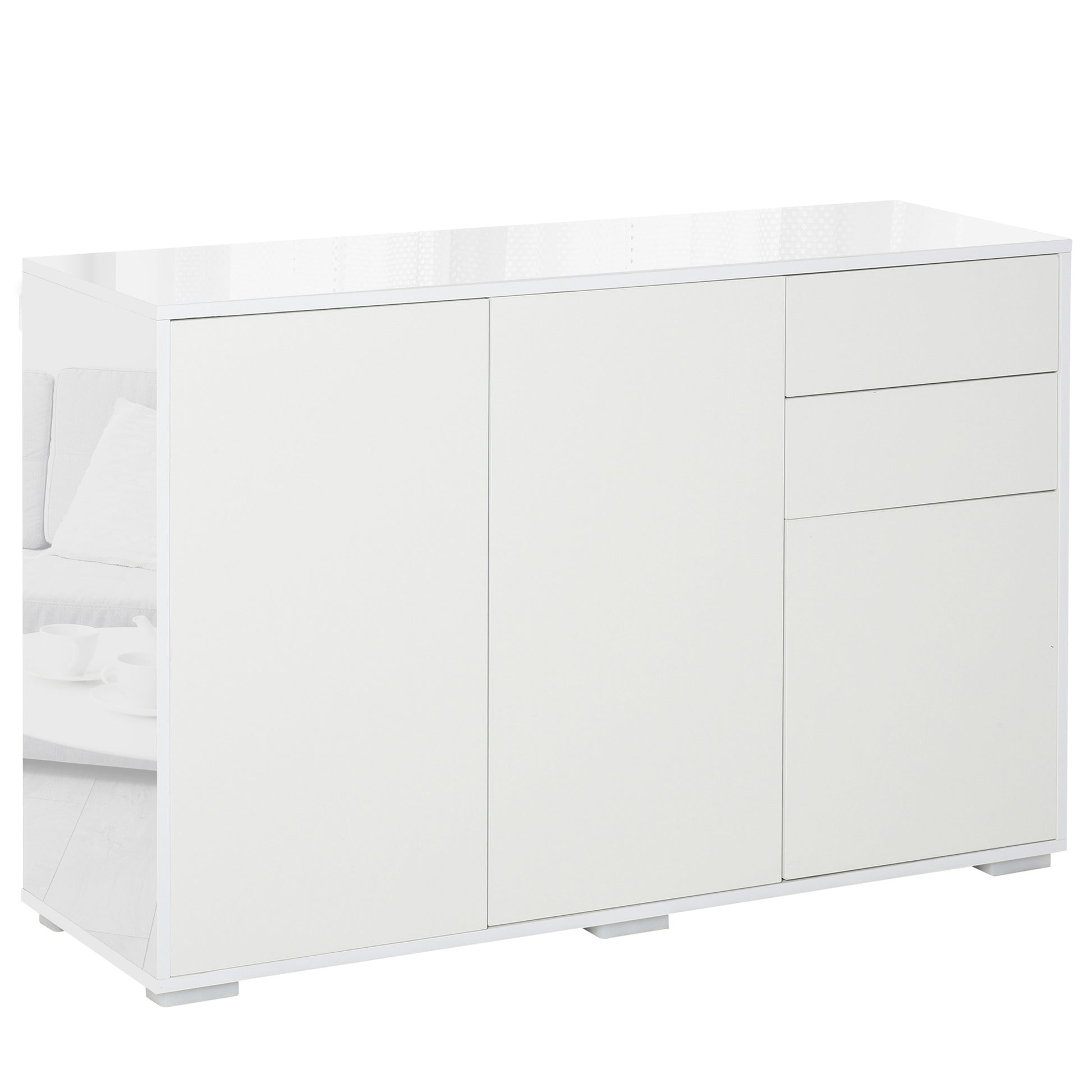 Photo of HOMCOM High Gloss Side Cabinet, Push-Open Design with 2 Drawers and 2 Cabinets for Living Room, 74H x 117W x 36Dcm, White in White colour on a white background