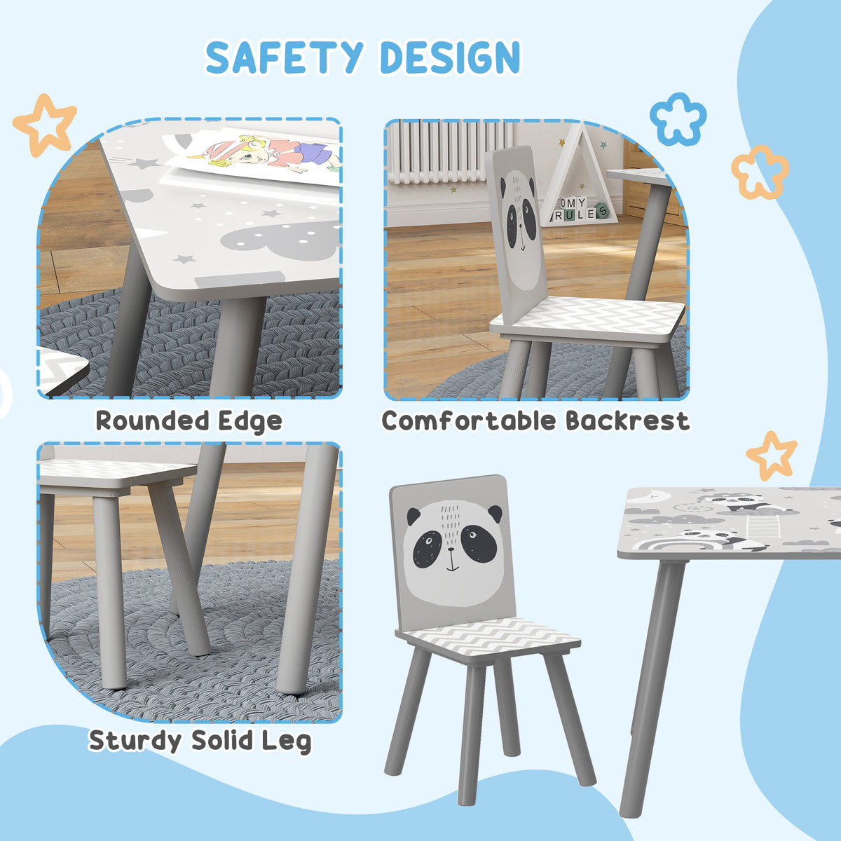 ZONEKIZ kids table and chair set featuring rounded table edges, solid legs, and chair backrests