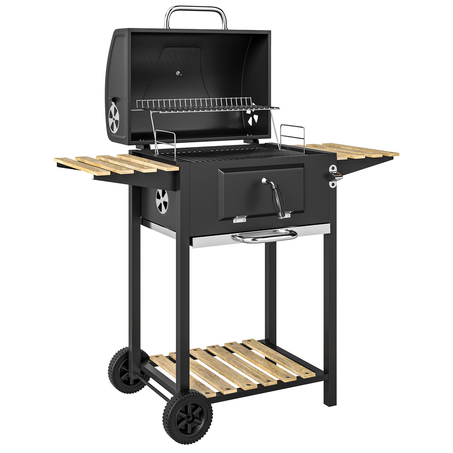 Photo of Outsunny Charcoal BBQ Grill with Height Adjustable Charcoal Pan, Barbecue Smoker with Warming Rack, 3 Shelves, Temperature Gauge, Wheels, Bottle Opener for Outdoor Cooking Garden Party in Party colour on a white background