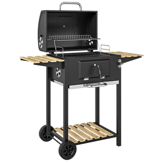 Photo of Outsunny Charcoal BBQ Grill with Adjustable Charcoal Pan, Barbecue Smoker with Warming Rack, Black in Black colour on a white background