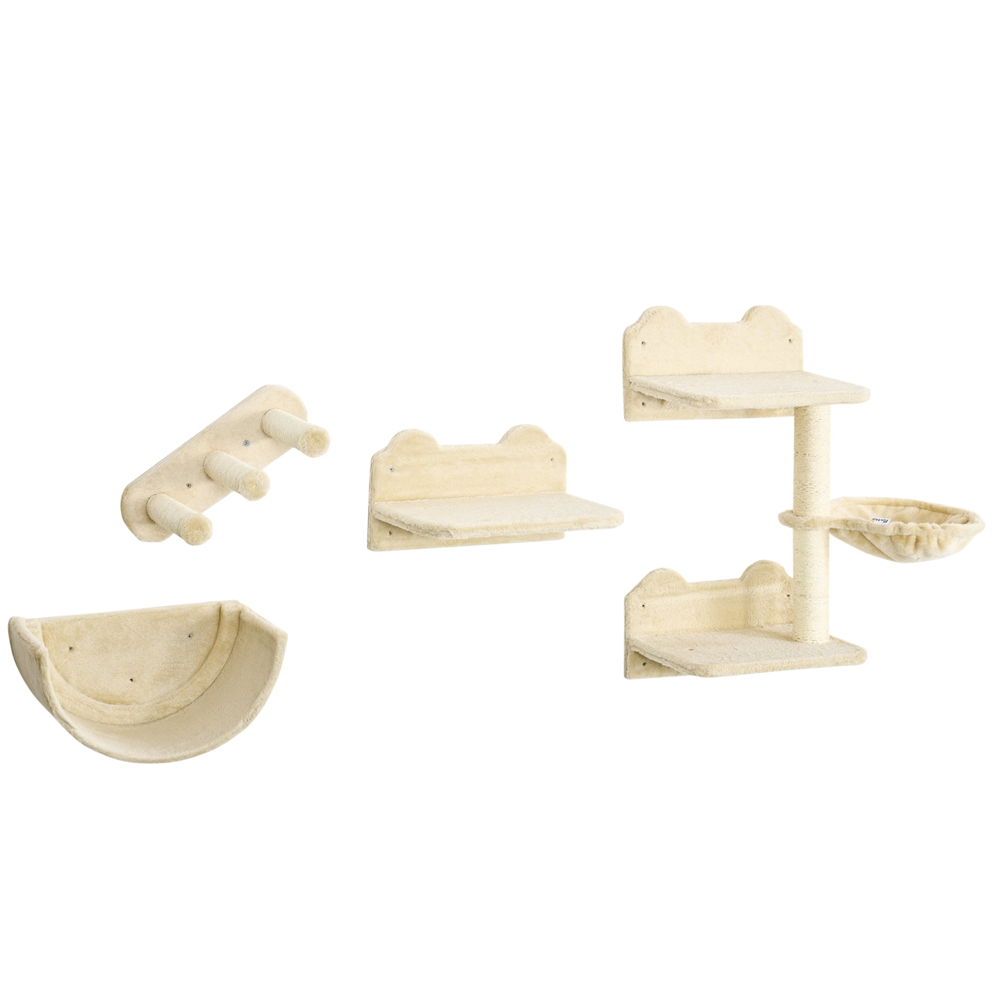 Photo of PawHut 4PCs Wall-Mounted Cat Shelves w/ Scratching Post, Hammock, Nest - Beige in Beige colour on a white background
