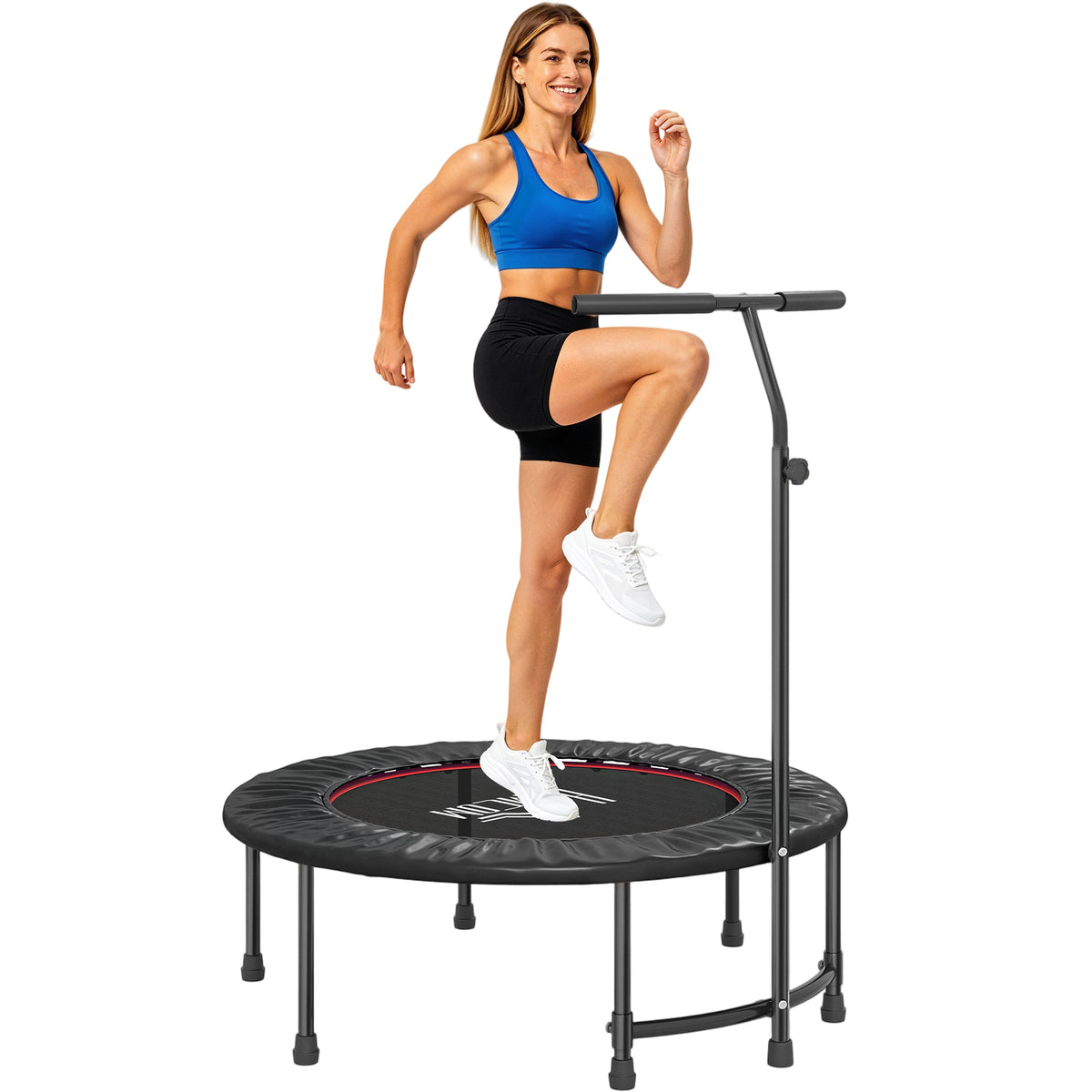 Black fitness rebounder trampoline with adjustable handle and steel legs