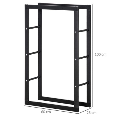 Tall black metal firewood rack, 60 cm wide, 25 cm deep, and 100 cm high.
