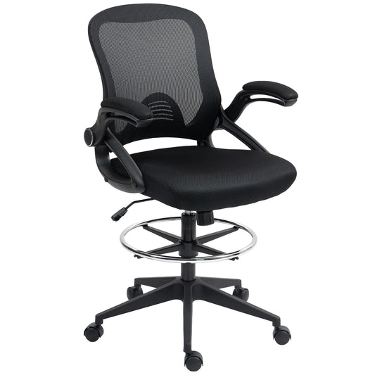 Photo of Vinsetto Drafting Chair with Flip-up Armrest, Mesh Office Stool with Foot Ring, 360 Degree Swivel Height Adjustable Chair for Standing Desk, Black in Black colour on a white background