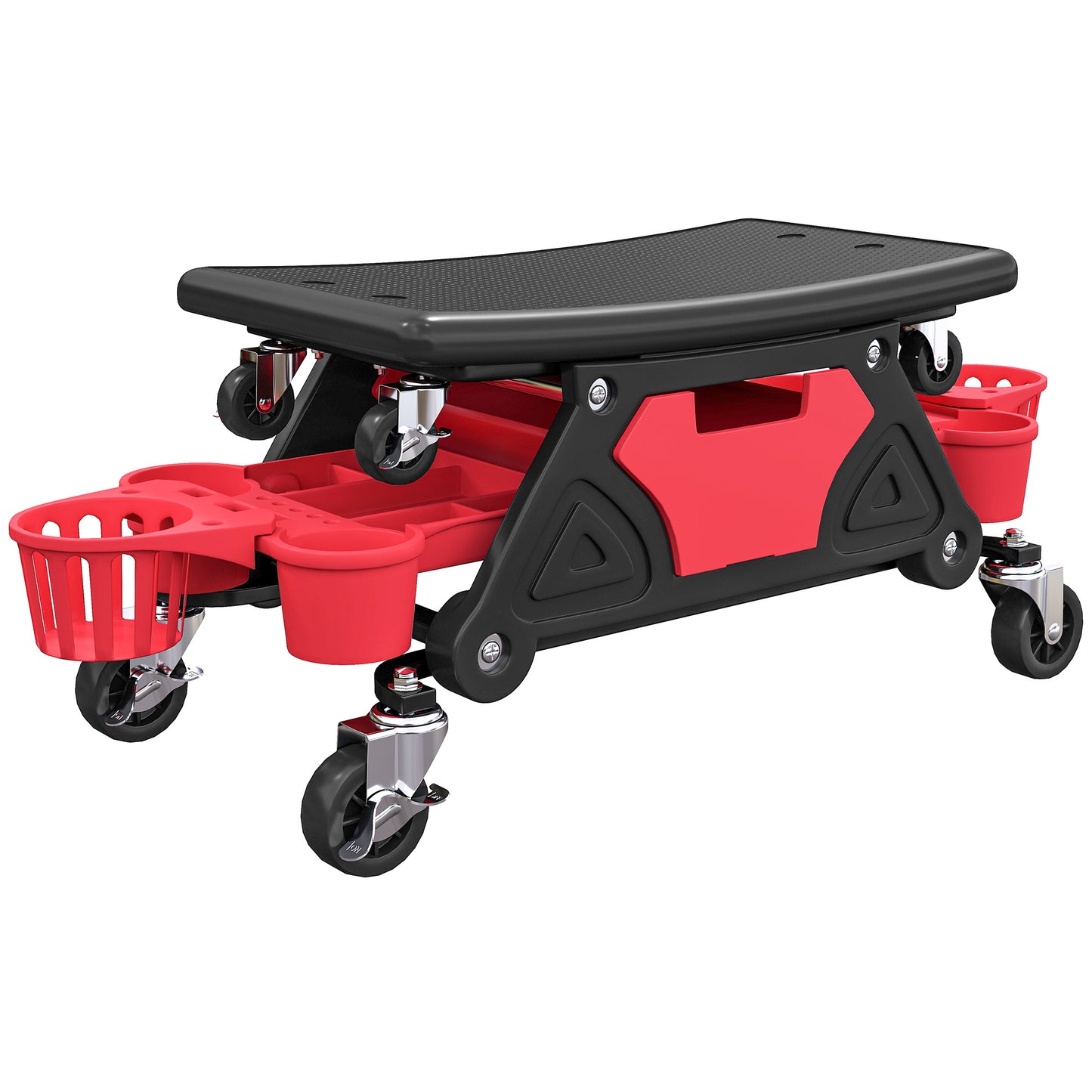 Photo of HOMCOM Rolling Mechanic Stool, 135kg Capacity Workshop Stool with 360° Swivel Wheels, Roller Creeper Seat with Slide Out Tool Trays, Drawer, Bottle Holders for Garage, Shop, Auto Repair, Red in Red colour on a white background