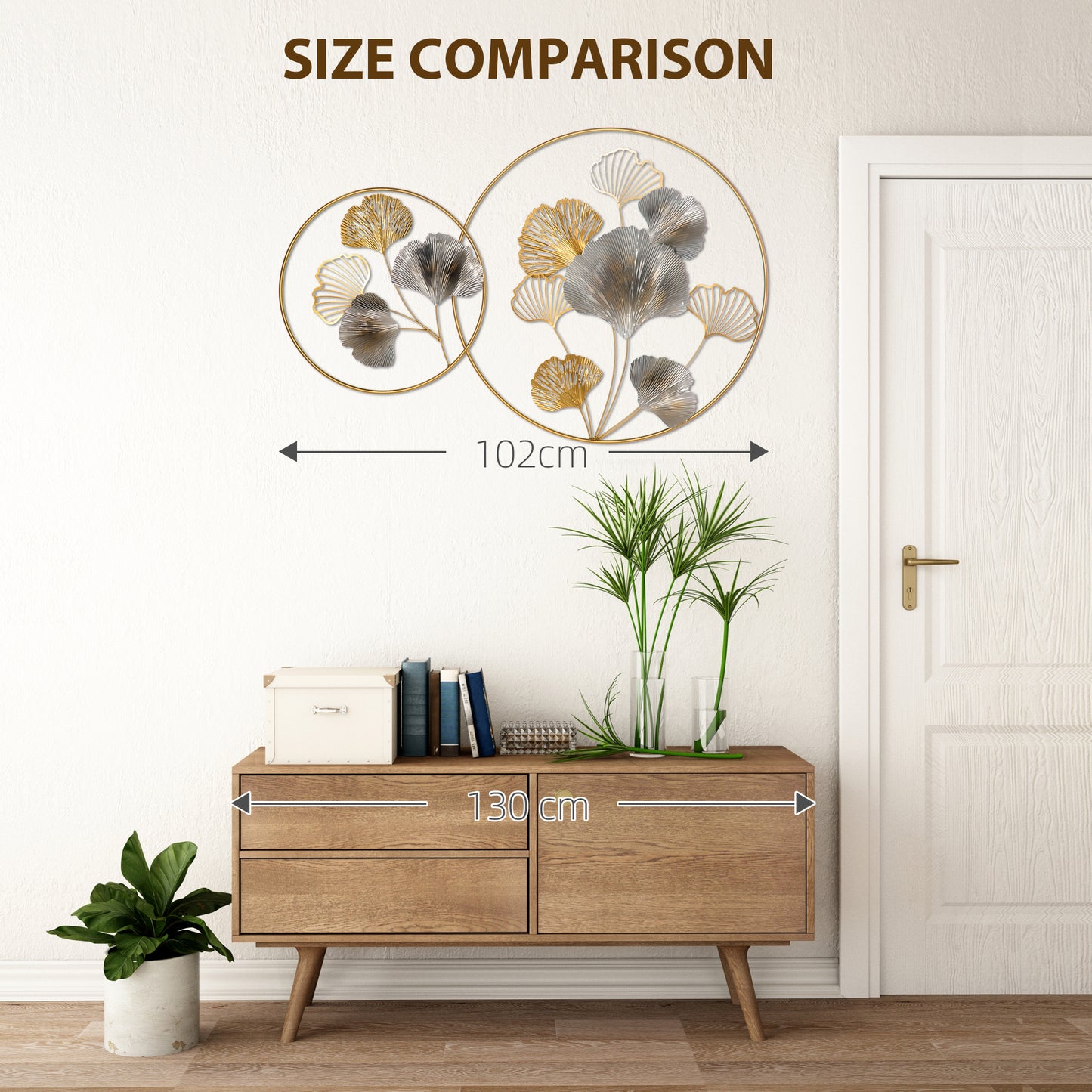 HOMCOM Large Metal Wall Art, Modern Hanging Wall Sculpture with Unique Multi-leaf Design, Horizontal or Vertical Metal Hanging Decoration for Living Room Bedroom Entryway, Gold Silver