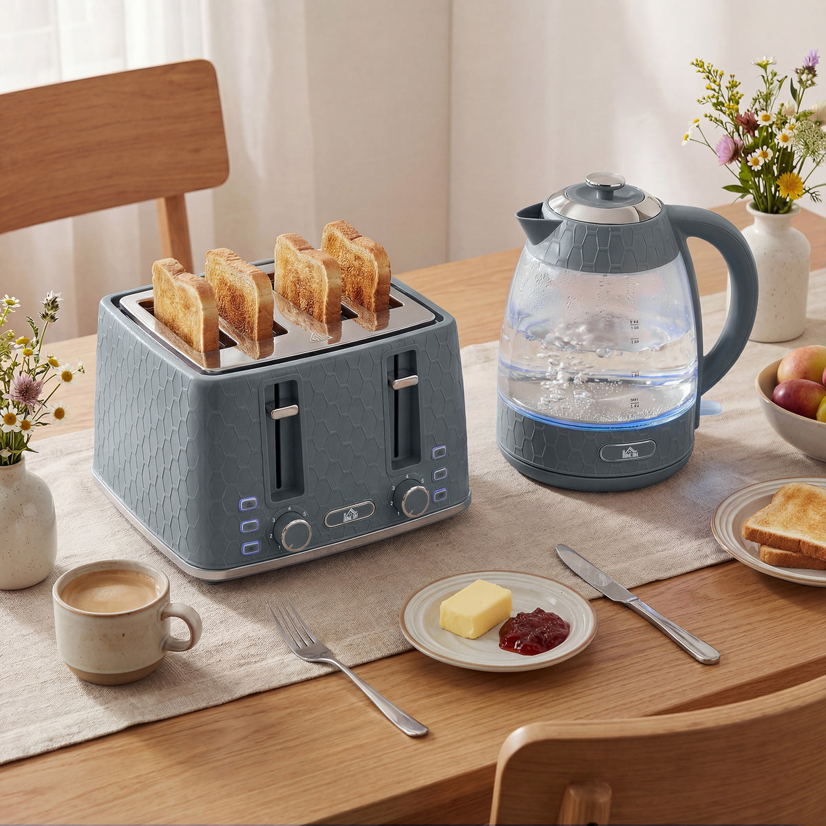 HOMCOM Kettle and Toaster Set, 1.7L 3000W Rapid Kettle with Strix Thermostat, 4 Slice Toaster with 7 Browning Controls, Grey