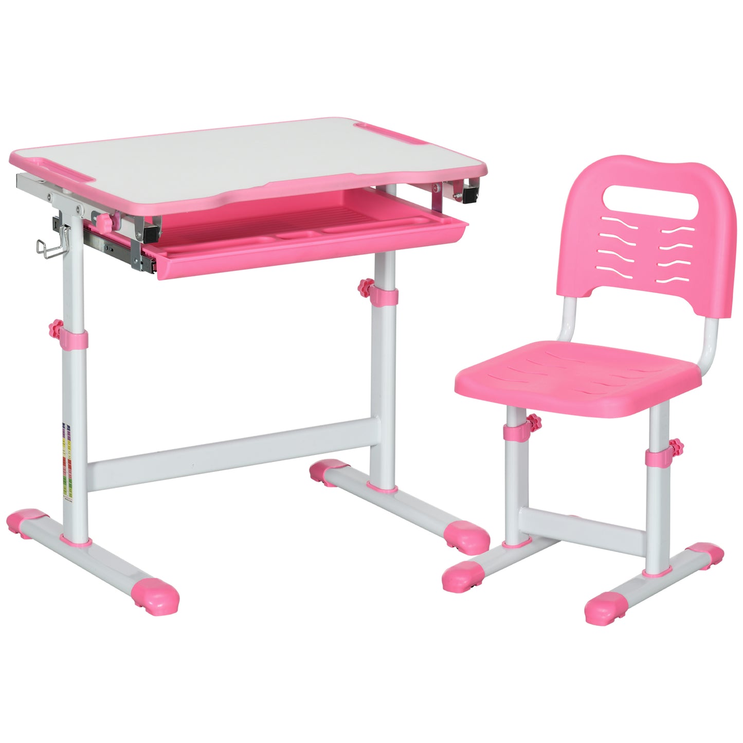 Photo of HOMCOM Kids Desk and Chair Set, Student Adjustable Writing Desk, with Drawer, Pen Slot, Hook - Pink in Pink colour on a white background