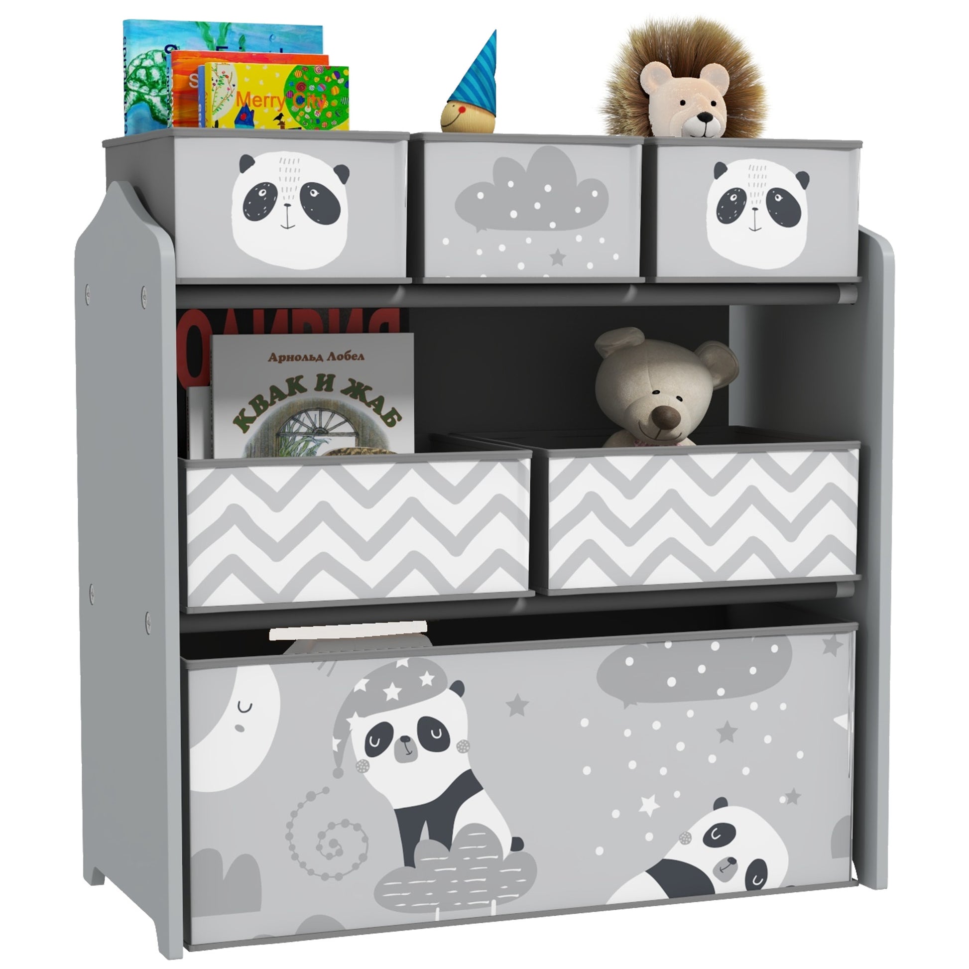 Photo of ZONEKIZ Kids Storage Unit, Toy Storage Organiser, with Six Fabric Bins, for Bedrooms, Playrooms, Nurseries - Grey in Grey colour on a white background