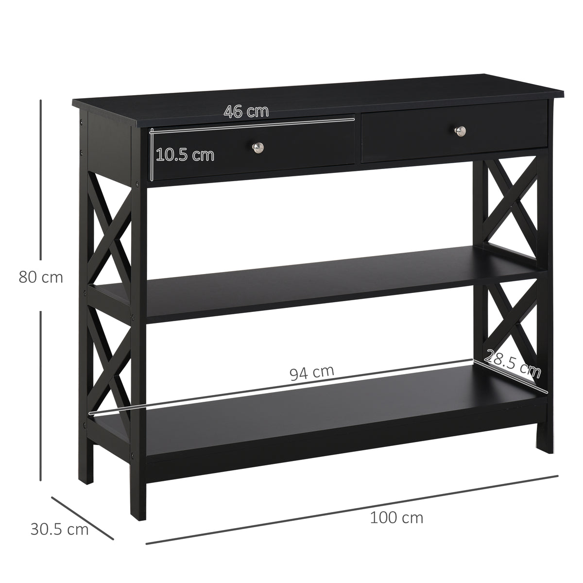 Black console table with two drawers, two shelves, X-support sides and dimension labels.