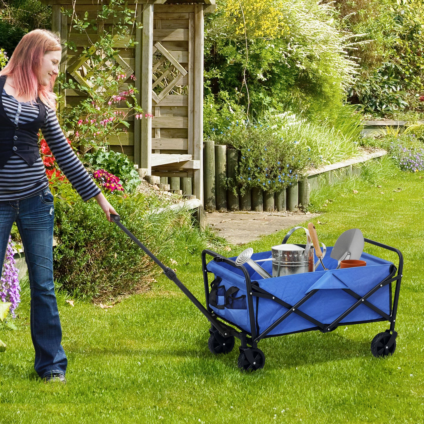 Outsunny 93L Festival Trolley on Wheels, Garden Folding Trolley Cart, 120kg Heavy Duty Collapsible Folding Wagon with Adjustable Handle and Carrying Bag for Beach, Camping, Festival, Blue
