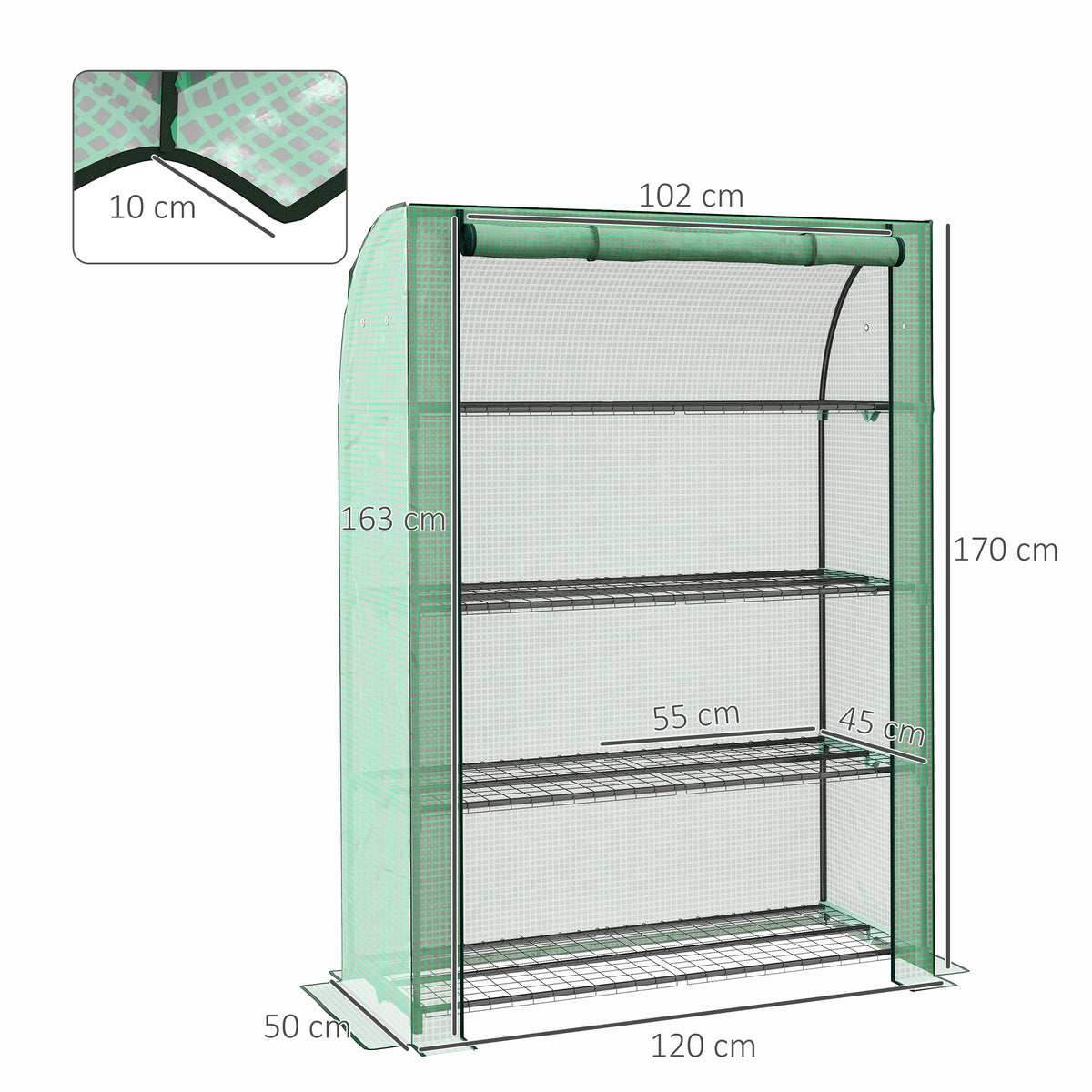 Outsunny mini greenhouse with green cover, roll-up door, and four wire shelves; dimensions shown