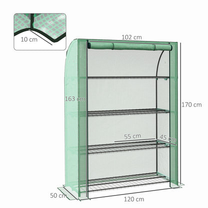 Outsunny mini greenhouse with green cover, roll-up door, and four wire shelves; dimensions shown