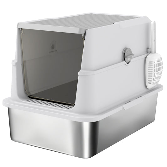 Photo of PawHut Extra Large Stainless Steel, Cat Litter Tray with Scoop, Flip Top in Top colour on a white background