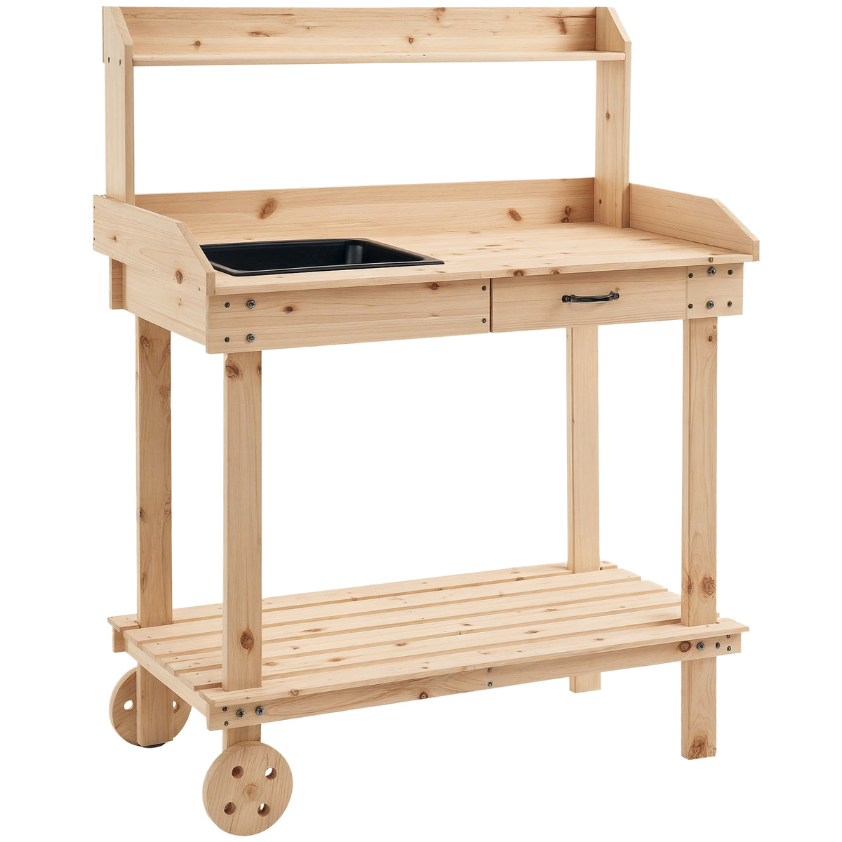 Outsunny wooden potting bench with black sink, drawer, shelves, raised back, and two wheels