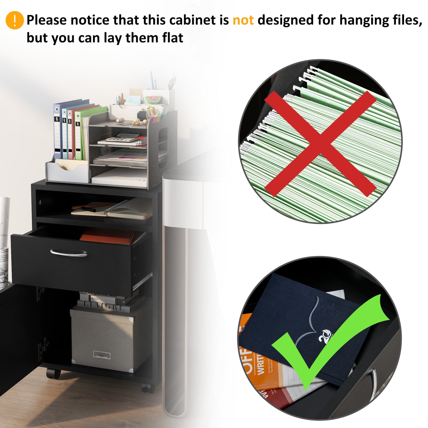 HOMCOM Filing Cabinet, Mobile File Cabinet with 2 Drawers, Office Home Organiser on Wheels for A4, Letter-Size File Folders, Mobile Printer with Open Shelf, Black