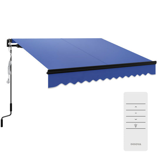 Photo of Outsunny 2.5 x 2m Electric Awning with LED Light and Remote Controller, Aluminium Frame DIY Retractable Awning, UV50+ Sun Shade Canopy for Garden Patio Deck Door Window, Blue in Blue colour on a white background