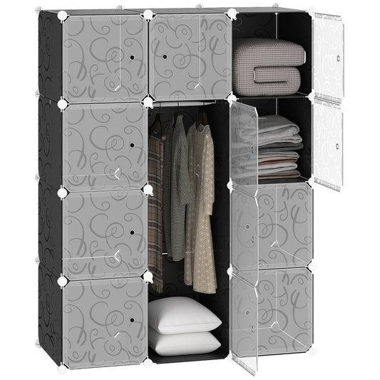 HOMCOM modular wardrobe with patterned doors, hanging clothes, folded linens, and pillows