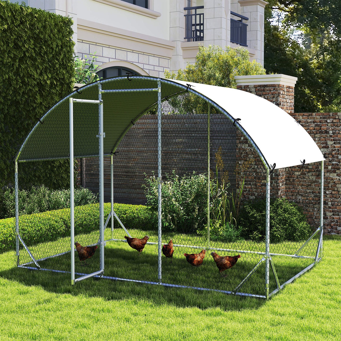 PawHut Walk In Chicken Run Galvanised Chicken Coop Hen Poultry House Cage Water-Resist Cover, Silver