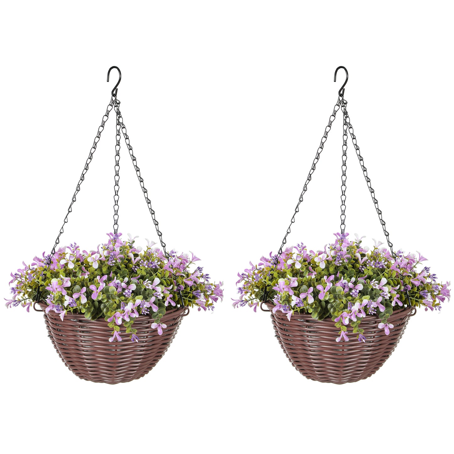 Photo of HOMCOM Artificial Flowers in Basket Set of 2, Artificial Hanging Baskets with 75 Leaves and 15 Flowers in Pot, Decorative Plant for Home Office Decor, Purple in Purple colour on a white background